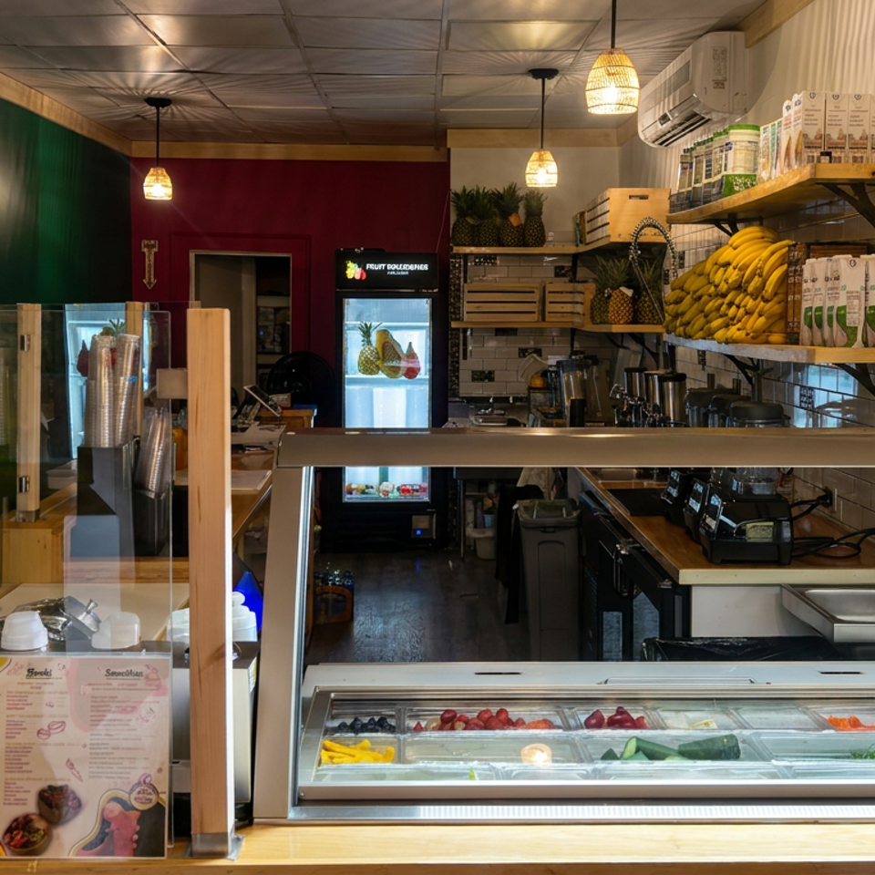 Bright tropical juice bar interior with fresh fruit display, bananas, pineapples, refrigerated drinks, and colorful menu boards.