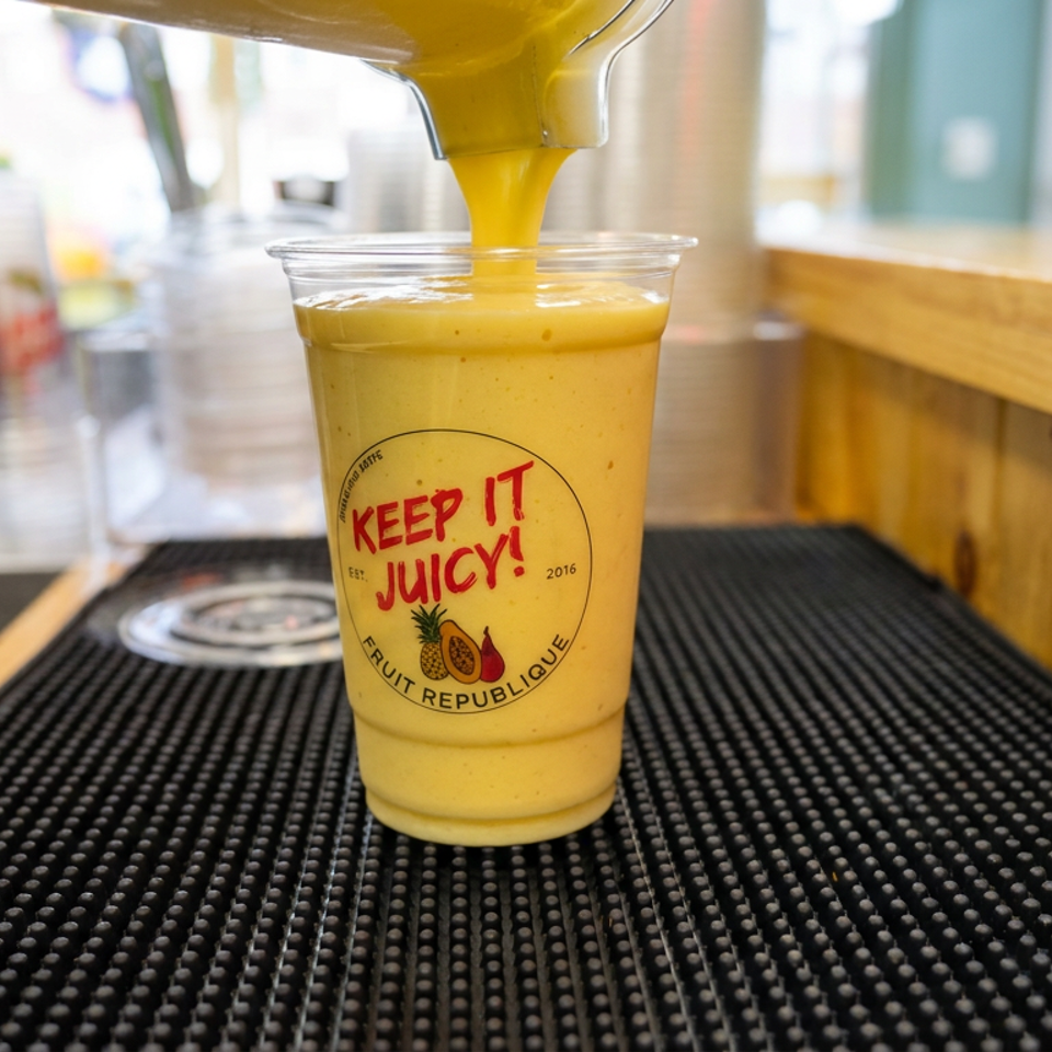 Thick yellow smoothie pours into a clear Fruit Republic cup labeled “Keep It Juicy” at a juice bar counter.