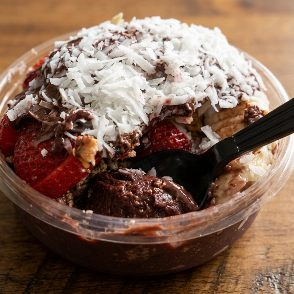 Chocolate dessert bowl topped with shredded coconut, strawberries, banana slices, and a black spoon on a wooden table.