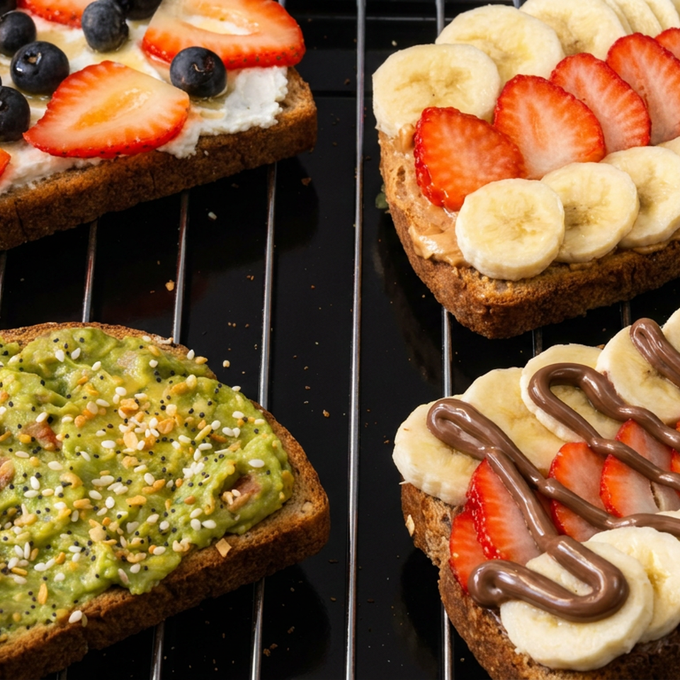 Four slices of toast topped with avocado and seeds, or cream cheese, berries, bananas, strawberries, and chocolate drizzle.